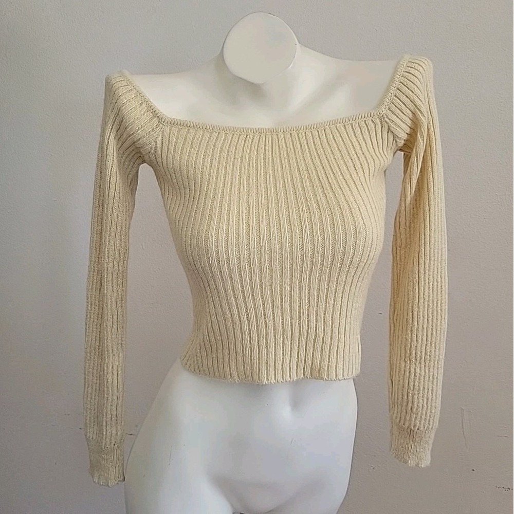 12th Tribe Miley Cropped Rib‎ Knit Off the Shoulder Cropped Sweater Cream NEW